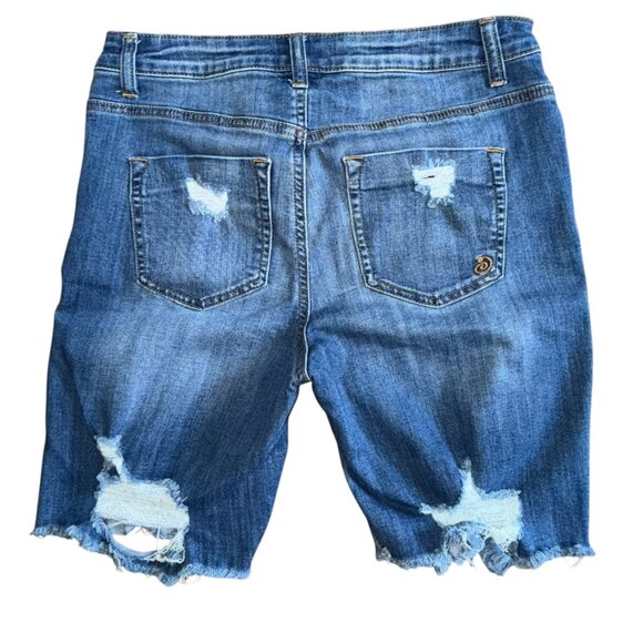 Indigo Rein High Rise Distressed Torn Raw Hem Stretch Denim Jean Shorts Size 9 - Picture 2 of 8